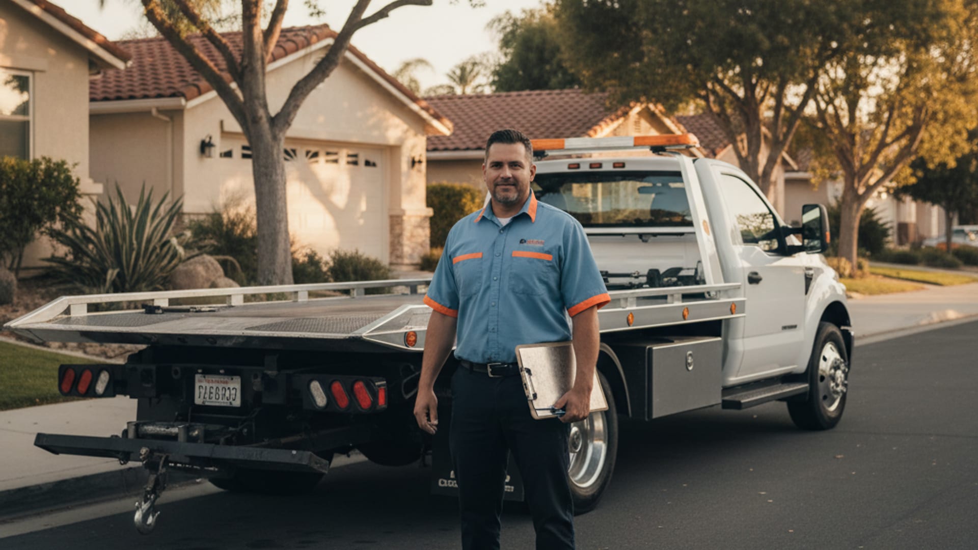 Quick Tow Richmond driver beside a flatbed rollback at golden hour in a Richmond residential neighborhood