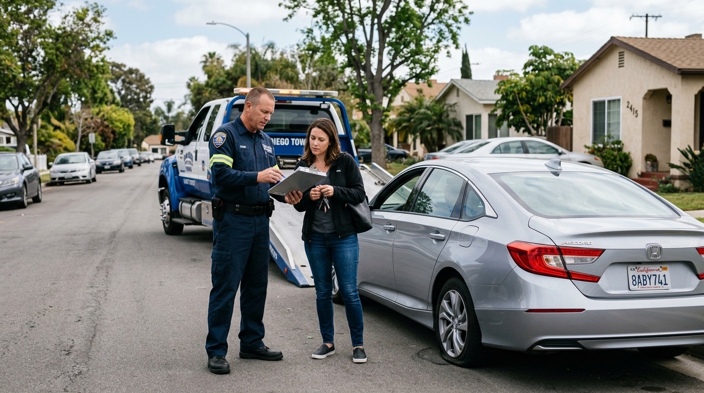 Richmond tow operator and customer discussing service options on an I-95 shoulder
