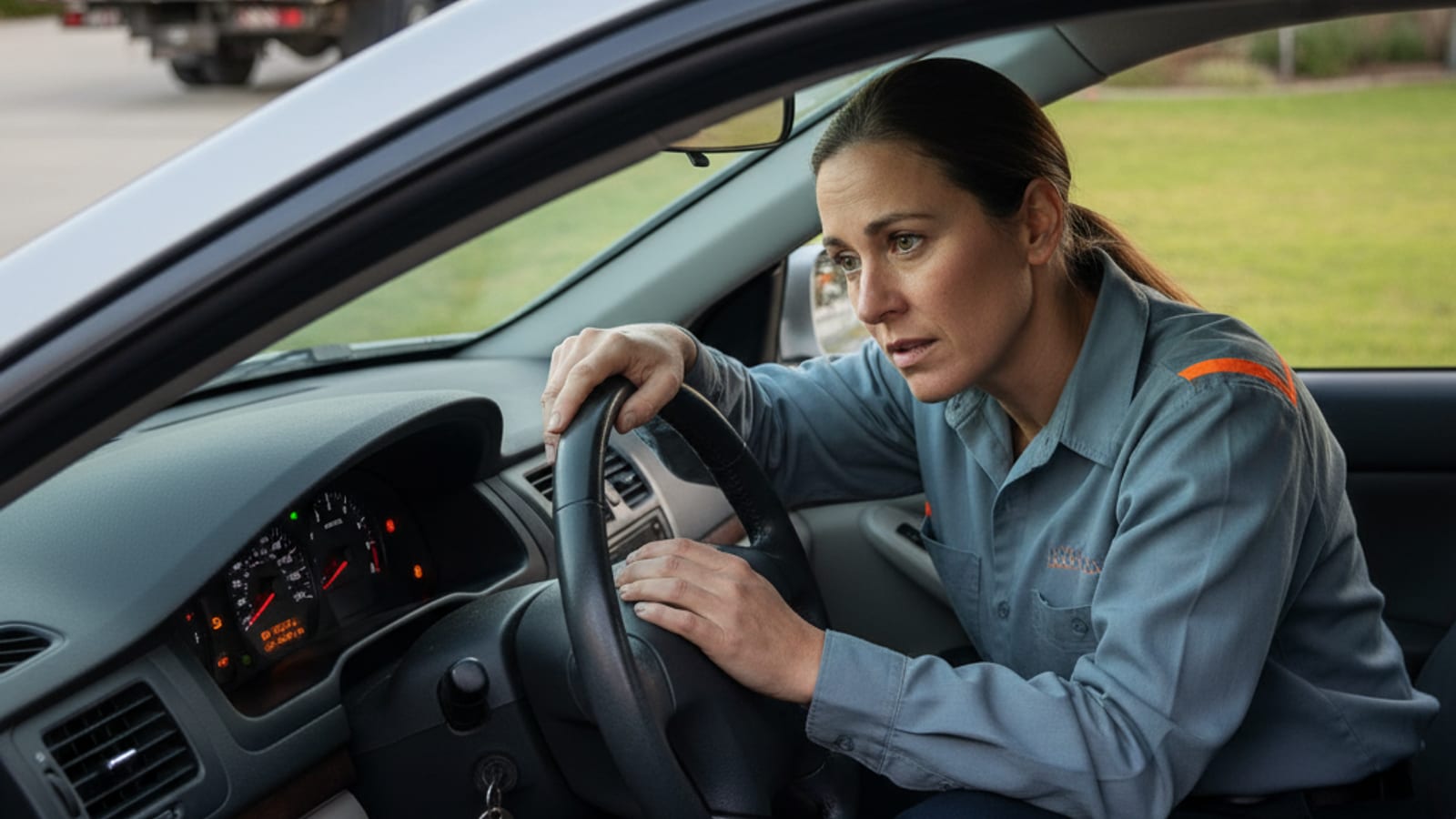 Driver checking dashboard warning lights on a parked car in a Richmond driveway