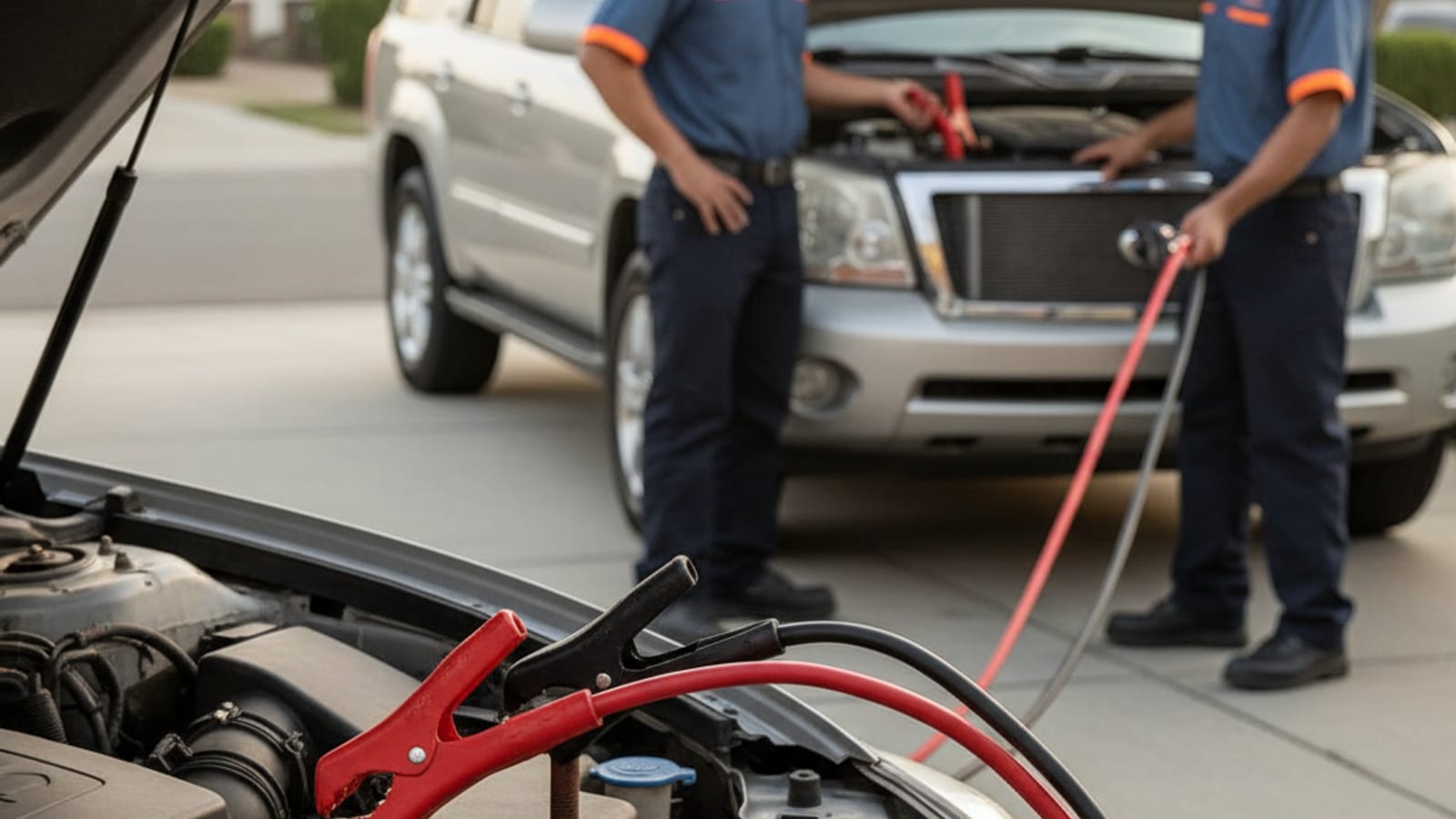 Close-up of jumper cables connected between two car batteries with the donor vehicle running in a Richmond driveway