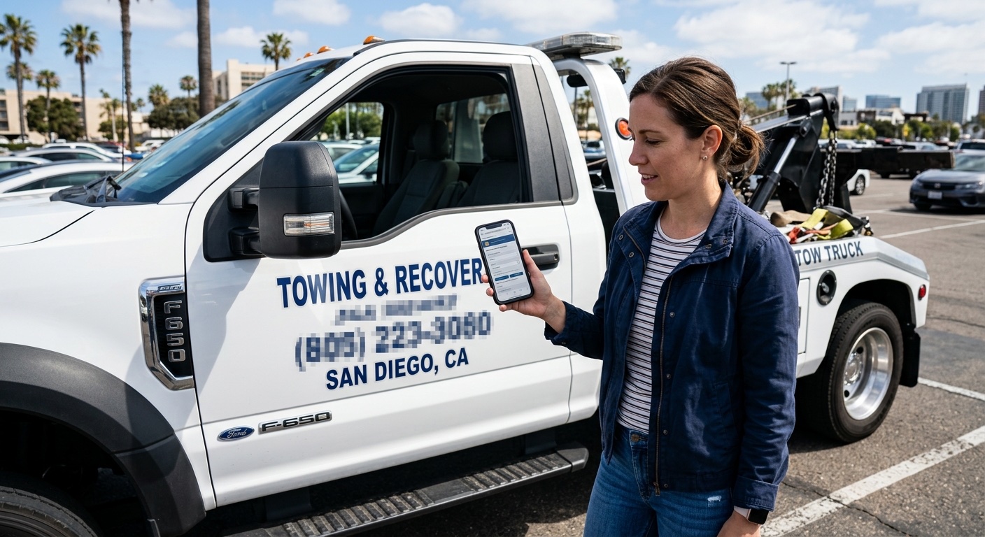 Customer checking a tow operator's credentials on a smartphone in a Richmond parking lot