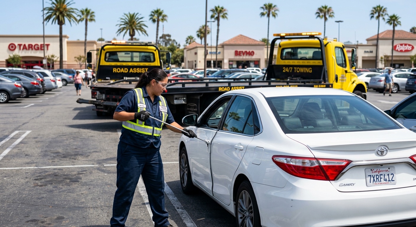 Quick Tow Richmond technician using a long-reach lockout tool to unlock a sedan in a Short Pump shopping center parking lot