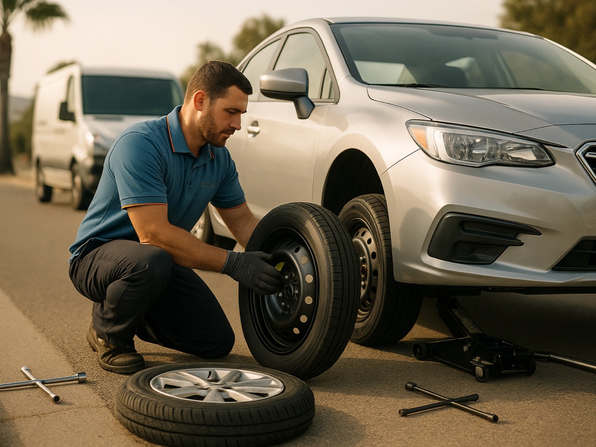 Quick Tow Richmond technician changing a flat tire for the spare on a vehicle pulled onto a Richmond street shoulder