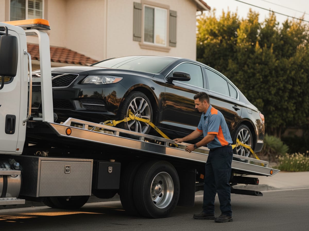 Quick Tow Richmond rollback flatbed loading a Tesla with soft straps on a Fan District residential street