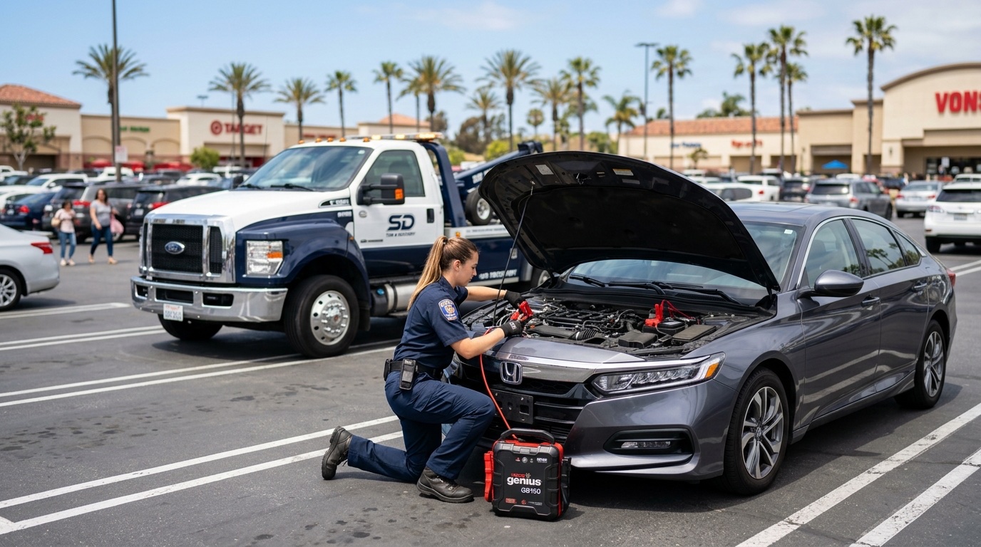 Quick Tow Richmond technician connecting a commercial jump pack to a dead battery in a Richmond parking lot during daylight