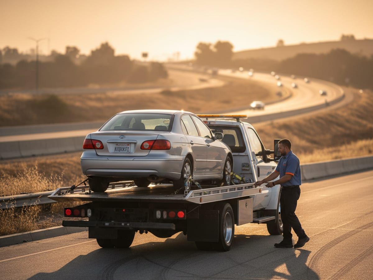 Quick Tow Richmond flatbed driver preparing for a long-distance interstate tow at sunrise on I-95