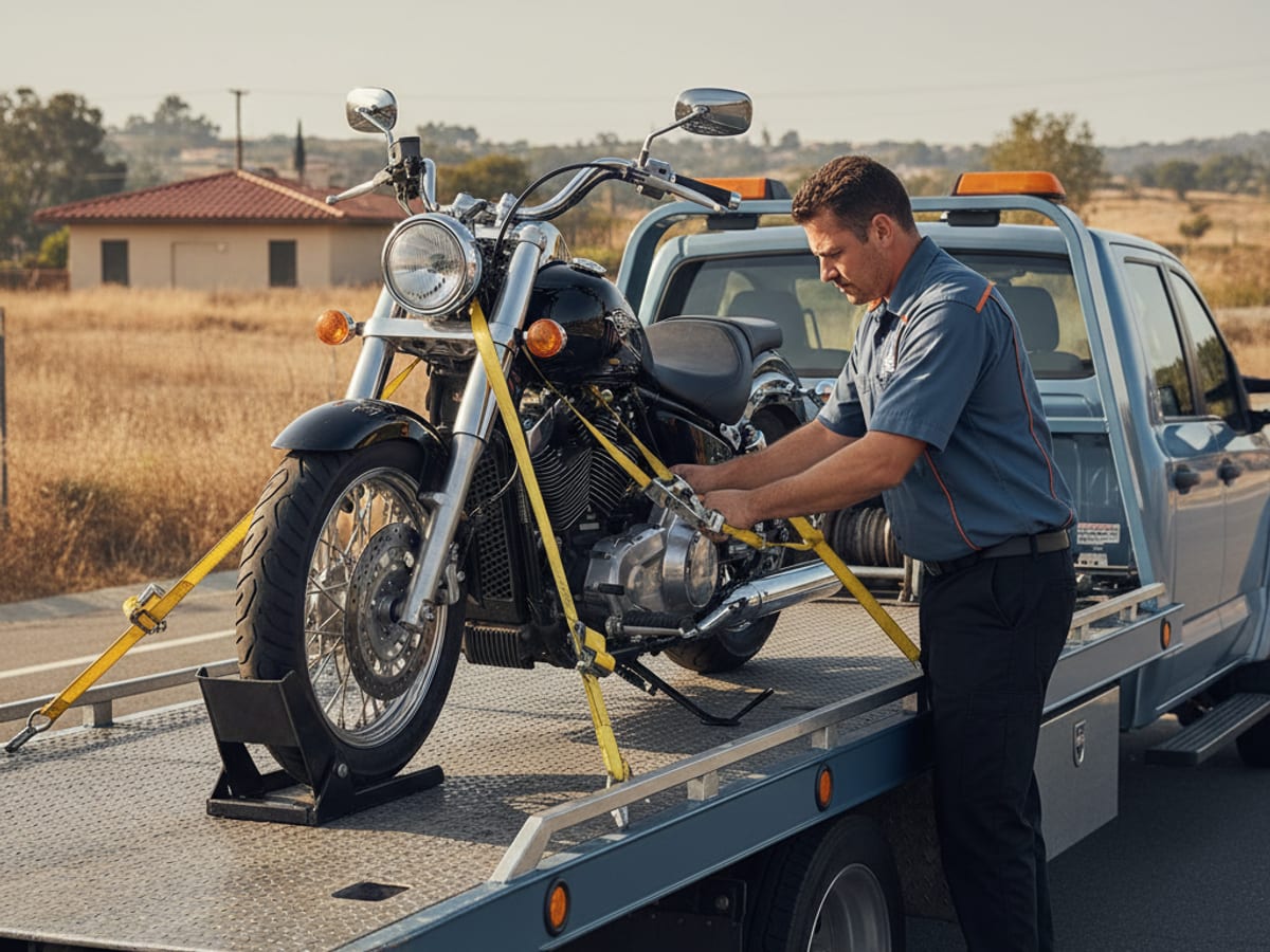 Quick Tow Richmond driver securing a Harley-Davidson cruiser on a low-deck flatbed with soft straps in Richmond