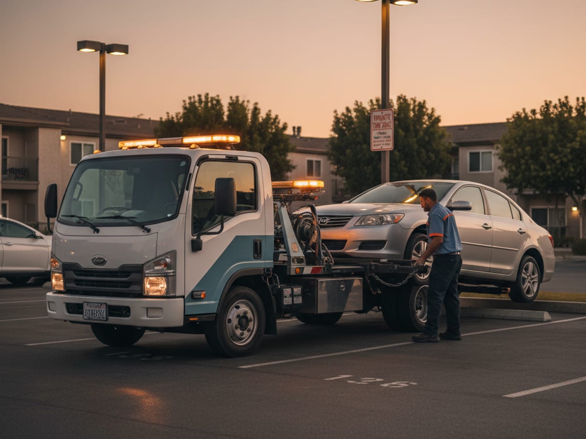 Quick Tow Richmond truck working a permit-parking apartment complex lot near VCU at dusk