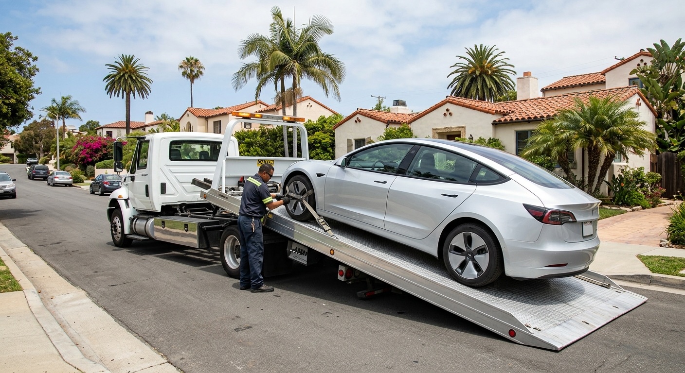 Quick Tow Richmond flatbed loading a Tesla Model 3 with soft straps in a Short Pump driveway, charge port closed and Transport Mode engaged